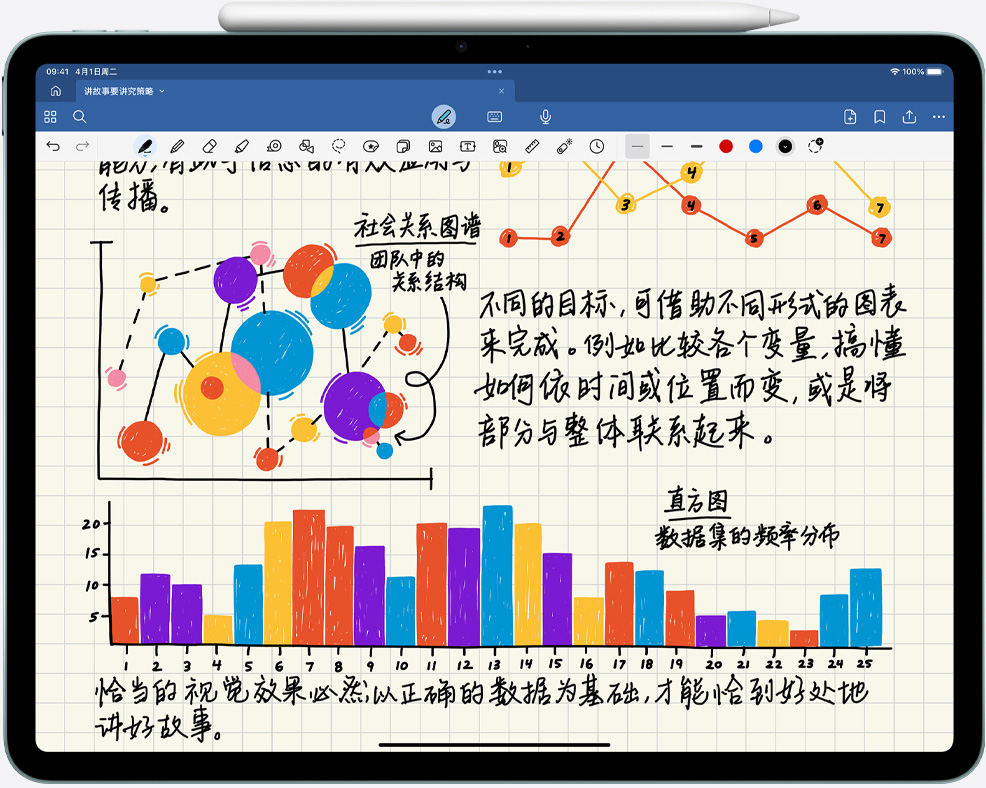 iPad Air 机身吸附着 Apple Pencil，屏幕显示手写笔记和图表。