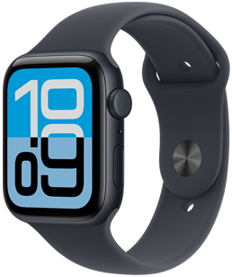 Apple Watch SE 3，展示午夜色铝金属表壳、流转表盘、右侧外观、数码表冠、麦克风、侧边按钮，搭配具有午夜色按扣加收拢式表扣的午夜色运动型表带。