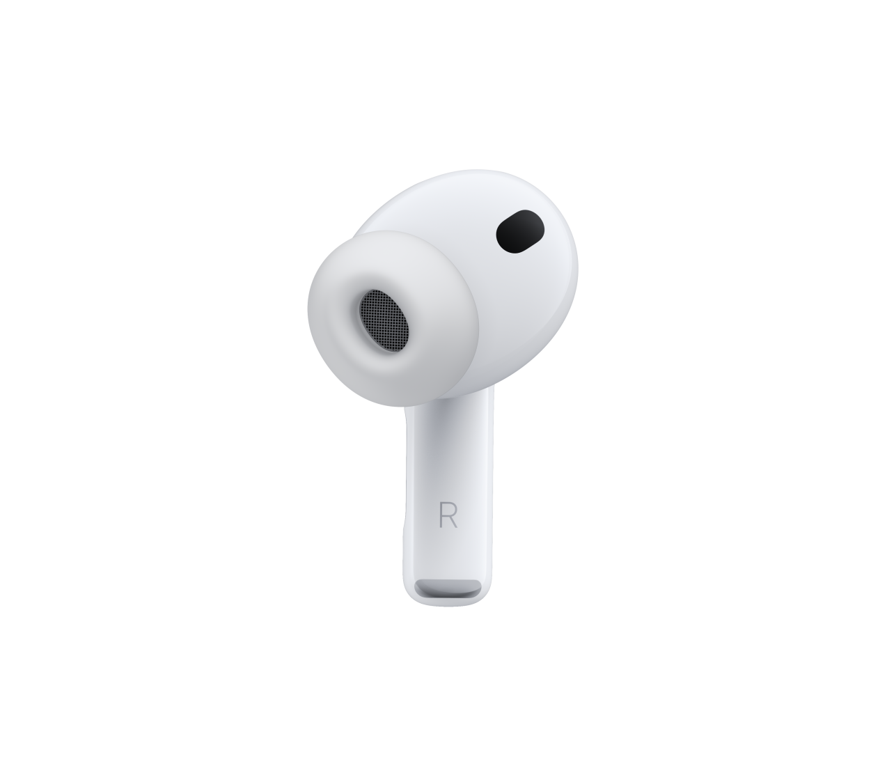 AirPods Pro 3，展示白色耳机上的降噪麦克风、硅胶耳塞及标有字母 R 的耳机短柄