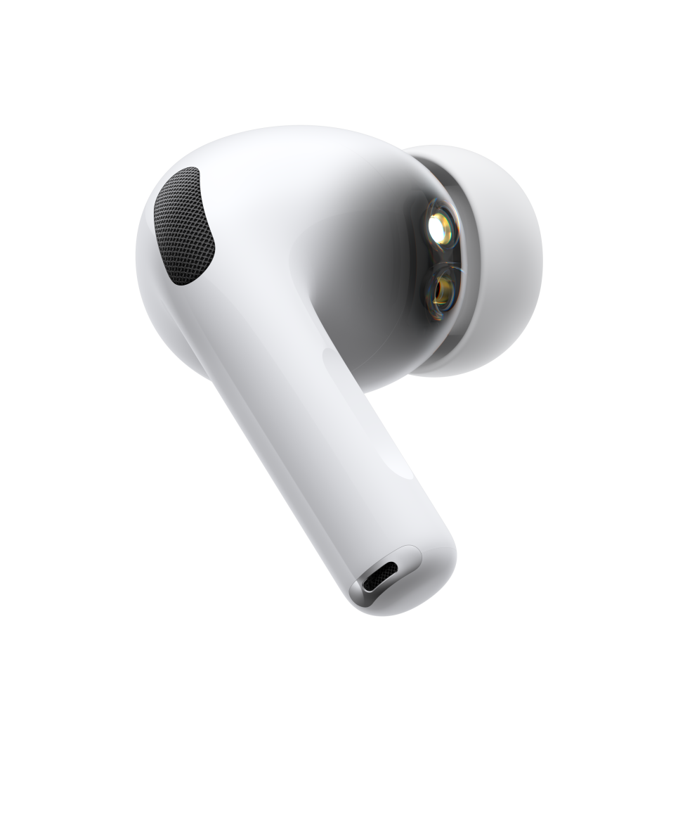 AirPods Pro 3，白色无线耳机的侧面外观展示圆柱形耳机短柄、降噪麦克风、硅胶耳塞及脉动的声波