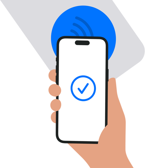 配图展示一位用户手中所拿 iPhone 的顶端靠近公交刷卡机终端，iPhone 屏幕显示一个打勾图标，表示支付已完成。