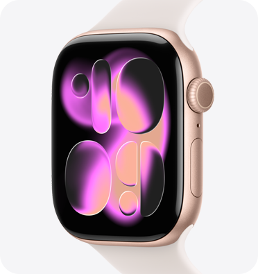 Apple Watch Series 11，展示玫瑰金色铝金属表壳、Responsive Art 表盘、右侧外观、数码表冠、麦克风、侧边按钮，搭配淡桃粉色运动型表带。