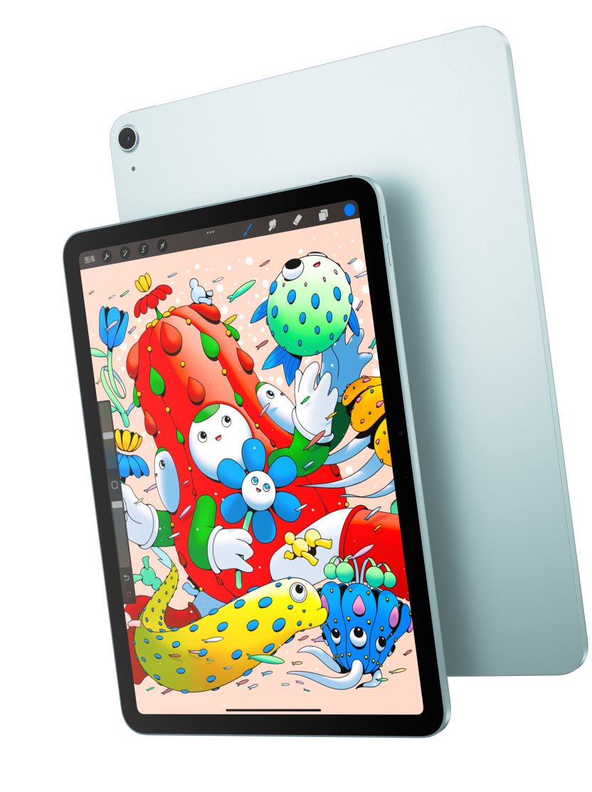 11 英寸 iPad Air 机型的正面外观，屏幕显示 Procreate，与另一部蓝色 iPad Air 的背面外观部分重叠。