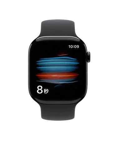 Apple Watch Series 11，展示抛光的亮黑色铝金属表壳、健康 app 获取血氧数据，搭配黑色运动型表带。