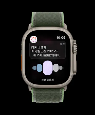 Apple Watch Ultra 3，展示原色钛金属表壳、来自健康 app 经期跟踪功能的排卵日估算通知，搭配绿配霓虹绿色野径回环式表带。