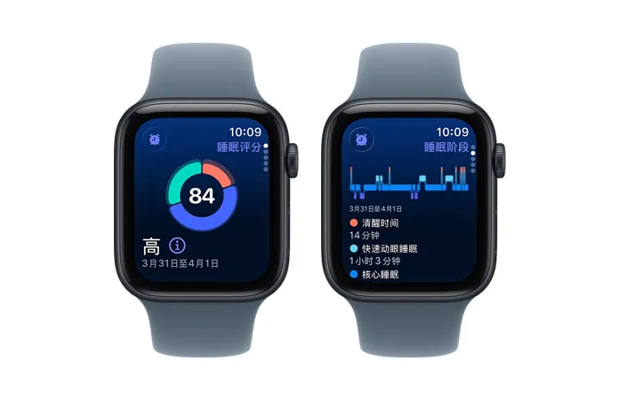 Apple Watch SE 3，展示睡眠评分圆形图表及分数，以及涵盖清醒时间、快速动眼睡眠、核心睡眠和深度睡眠的睡眠阶段分析。